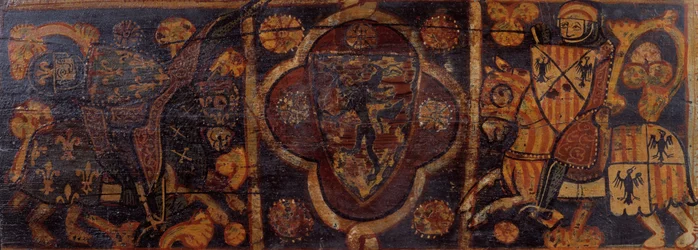 Deckenpaneel mit einem Ritter des Hauses Anjou, der von einem Ritter mit dem Wappen von C... niedergeschlagen wird
